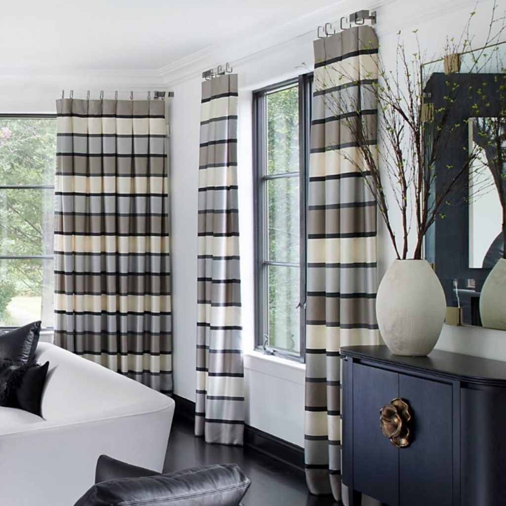 Brimar Cube Acrylic Drapery Hardware with Striped Drapes