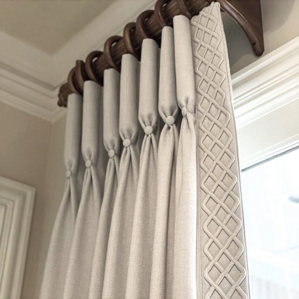 Brimar Fretique Open Trim on Beige Drapery